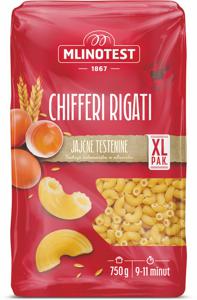 Testenine Mlinotest, polži 26, jajčni, Chifferi rigati, 750 g