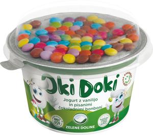 Jogurt Oki Doki, vanilija, z mavričnimi bonboni, 150 g