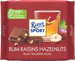 Čokolada Ritter Sport, z rumom, rozinami in lešniki, 100 g