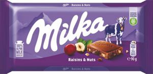 Mlečna čokolada Milka, lešnik in rozine, 90 g