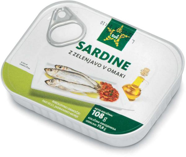 Slika produkta Sardine Tuš z zelenjavo v omaki, 108 g