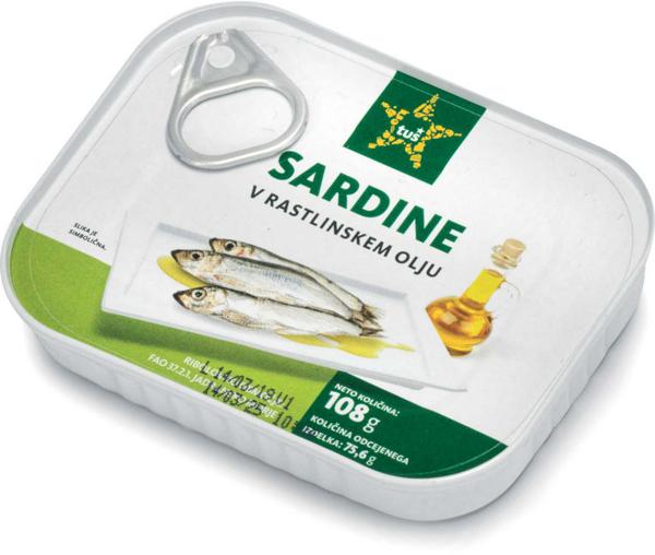 Slika produkta Sardine Tuš v rastlinskem olju, 108 g